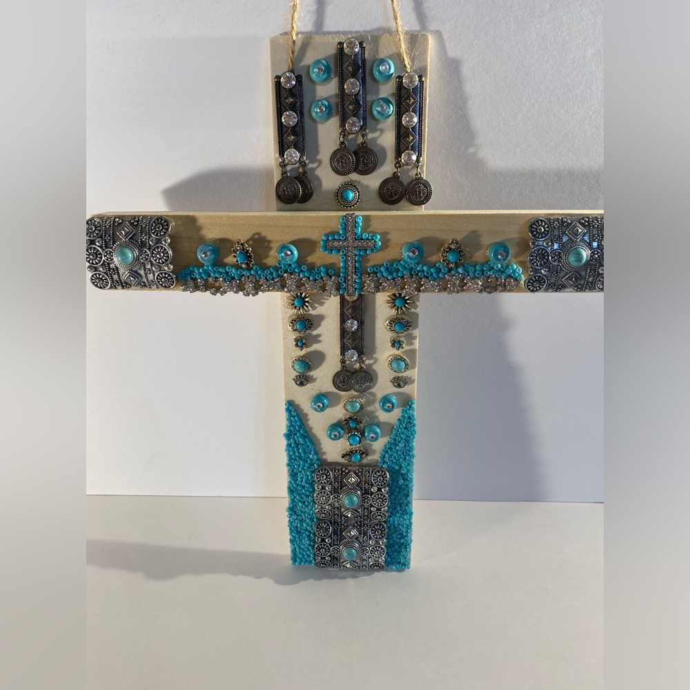 Artisanal Wood ✝️ w/ Repurposed Jewelry Turquoise, Silver Color & Rhinestones
